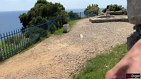 Girl in mountains helps with public dick flash to cum quick