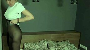 mature slut rita in pantyhose spreads hairy beaver for young kenneth's creampie pounding