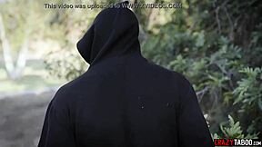 Creepy guy spies petite teen taking huge black cock raw