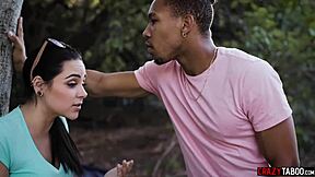 Creepy guy spies petite teen taking huge black cock raw