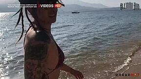 Pervertida flashes big tits on beach then takes me to rocks for hot fuck