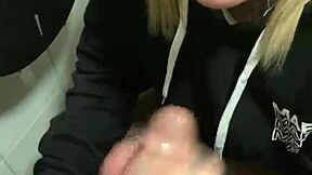 latina slut kneels in cinema bathroom sucking my throbbing cock outdoors