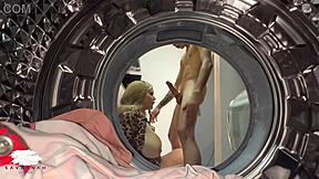 chubby blonde roommate lures young guy into laundry room, bends over for big cock doggystyle then rides missionary.