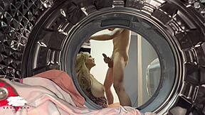 chubby blonde roommate lures young guy into laundry room, bends over for big cock doggystyle then rides missionary.