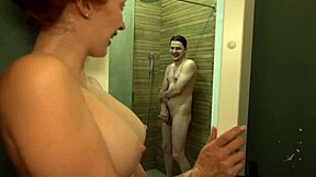 Shy redhead roommate deepthroats cock in shower