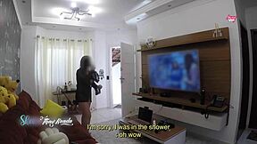 hot milf wife steps from shower in nightgown flashing big natural tits to delivery boy