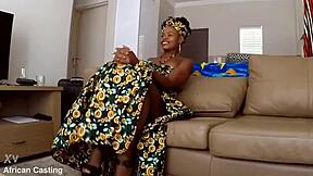 tight ebony milf strips fake bikini for rough casting cock down throat!