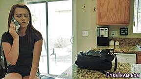 Straight latina teen licks petite friend's pussy in kitchen scissoring