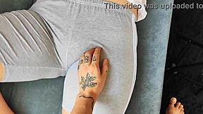 Man Touches and Worships Spectacular Fat Tight Latina Vagina Through Leggings