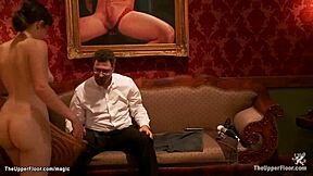 Bound slaves gag deep on huge cock before brutal fucking submission