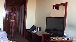 tight ebony milf strips fake bikini for rough casting cock down throat!