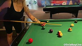 Pool game turns into slutty public toilet blowjob with massive facial cumshot