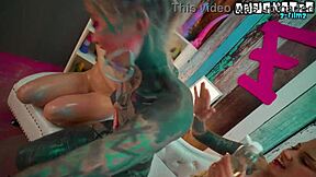 Oiled Tattooed Lesbians Share Dildos Bent Over Doggy Anal Toys