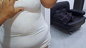 Curvy Colombian Stepmom with Big Natural Tits Gives Sloppy Kitchen Blowjob Tease in Panties