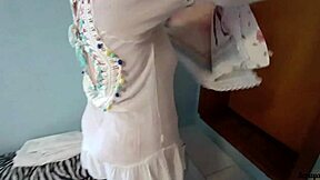 madrasta bends over in see-through dress flashing fat ass and natural tits while cleaning