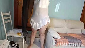 madrasta bends over in see-through dress flashing fat ass and natural tits while cleaning