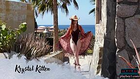 krystal kitten redhead milf strips naked gets wet outdoors