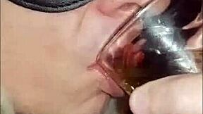 Crossdresser's Blindfolded Shame Swallowing Own Pee