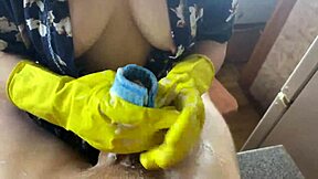 Stepmom milf in garage gloves punishes spying son with cock wash handjob cumshot