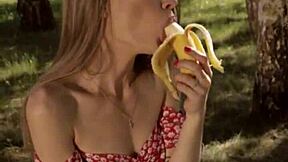 Skinny Blonde Strips in Garden Teasing with Toys to Orgasm