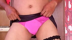 Sexy Dancer Twirls in Shiny Pink Thong Bra and Nylons