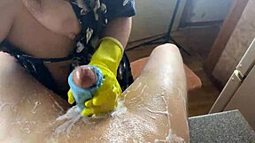 Stepmom milf in garage gloves punishes spying son with cock wash handjob cumshot