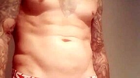 Blue-eyed exhibitionist flashes monster cock in public shower after bath