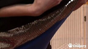 anastasia devine gags on cock before big load blasts her saggy mature titties