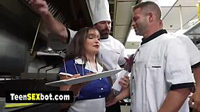 innocent waitress teen thinks it's just a job, but the staff turns her reality show into a wild orgy bang