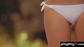 damn petite teen katrine pirs strips naked poolside showing shaved pussy and small tits