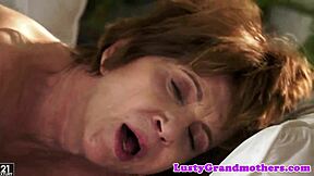 Hairy granny's wet pussy gets licked up close before more.