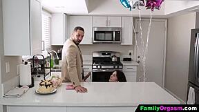 stepdaughter drops to knees for stepdad's deepthroat blowjob explosion!!