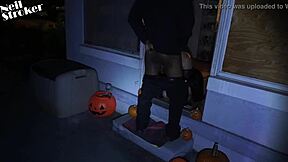 Masked vampires lock lips before the big black cock slams her bent-over ass doggystyle on halloween