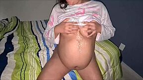 My curvy pregnant latina stepsister's huge tits and horny belly need my cum covered mouth swap on bed.