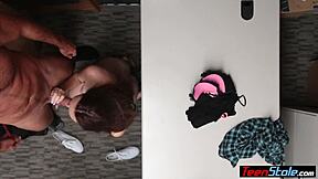 yo, this big titted brunette teen shoplifter in uniform blows and fucks her way out of trouble in the shop