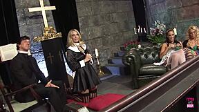 Super hot blonde and brunette in lingerie heels spark orgy kissing sucking in church