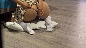 Schoolgirl uniform anal toy play ends in massive cum floor blast