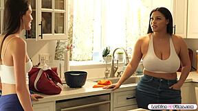 latina's huge tits sway while licking babe's smooth shaved pussy