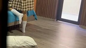 Schoolgirl uniform anal toy play ends in massive cum floor blast