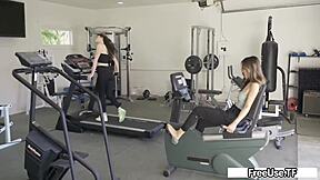 stepdad works out while teen rides his cock in tight dress