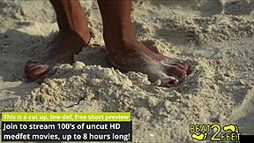 petite brunette giggles as sandy feet tease beach solo