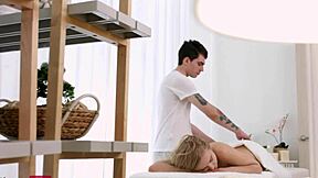 hey, that teen blonde's massage turns into her riding cowgirl and taking cumshots all over her shaved pussy