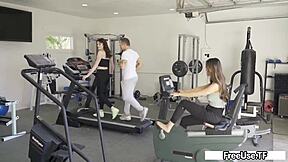 stepdad works out while teen rides his cock in tight dress