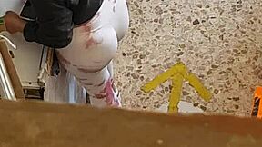 he spots her leggings split wide open as she bends revealing everything