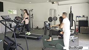 stepdad works out while teen rides his cock in tight dress