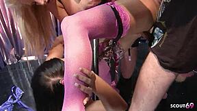 three busty milfs in lingerie cornered my boss for wild group sex, milking his load straight down our throats