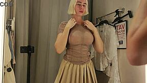 sexy blonde spies transparent try-on haul flashing big tits public mall