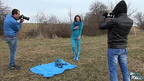 Public threesome bends nasty brunette over big cocks