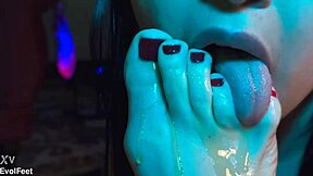 brunette latina goddess chokes redhead on honey-dripped feet in bisexual group lick fest