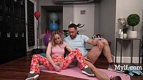 stepmom's pretzel yoga pose hides mommy face sitting fantasy